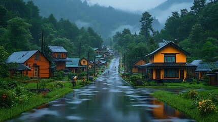 Obraz premium Rainy Day In A Mountain Village High Resolution Photo Rural Landscape