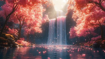 Fototapeta premium Dreamy cascade pours into calm water among vibrant fantasy trees high resolution photo
