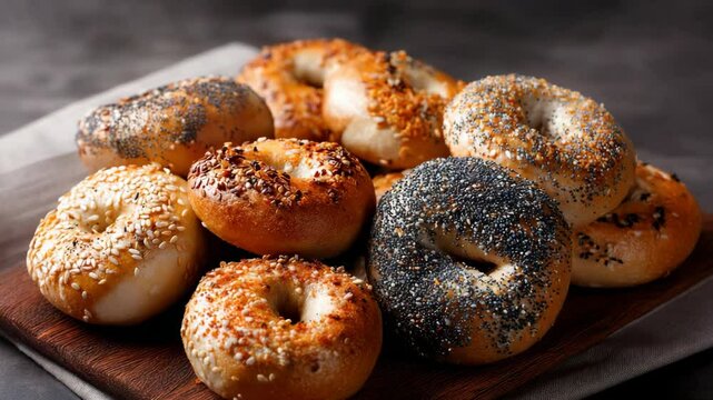Pile of assorted bagels with sesame seeds, poppy seeds, spices on wooden cutting board for breakfast or bakery concept close up