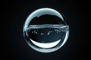 A glass sphere half-filled with water, showcasing bubbles and a gentle wave.