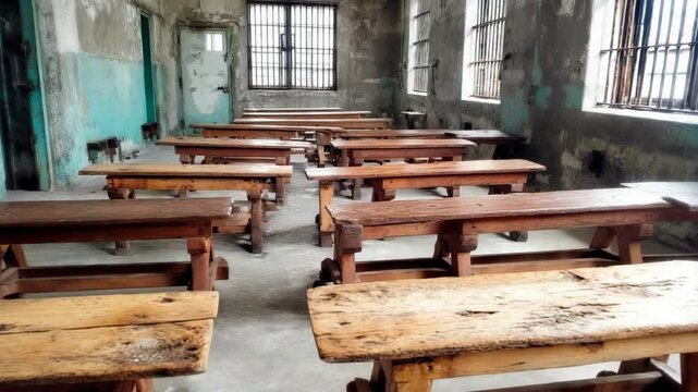 Dilapidated classroom interior with weathered wooden desks, peeling teal and gray paint on walls, and barred windows letting in natural light.