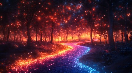 Fantasy forest glows with fiery rainbow trees and path high resolution photo