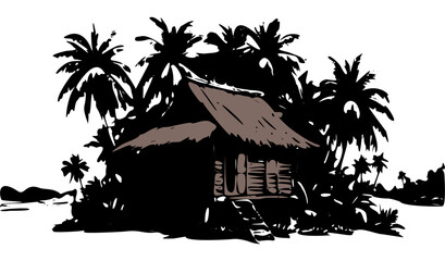 Hand-drawn illustration of a rustic hut on a tropical island, lined with tall palm trees. Captures the essence of solitude, tranquility, and island life.