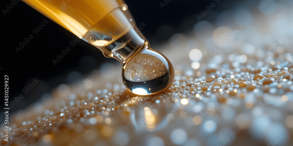 Poster Extreme Magnification Of Glue. Shining Adhesive Surface. Tiny Droplet Reflects Light. A World Unseen Shows The Intricacies Of Everyday Materials. Visualizing Texture And Form At A Micro Scale.