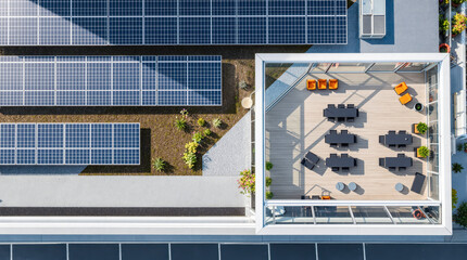 aerial view of a rooftop terrace with solar panels and outdoor furniture