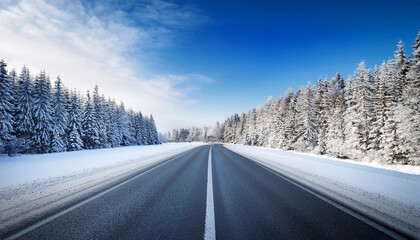 Fototapeta premium winter landscape with asphalt road forest and blue sky