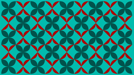 Traditional Textile Design: Interlocking Floral Elements in green and red on a Dark Background. Geometric Floral Motif Pattern with a Vintage Ethnic Style in red and green