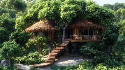 Secluded Treehouse Hideaway Surrounded By Lush Green Forest Offering A Tranquil Escape High Resolution Photo