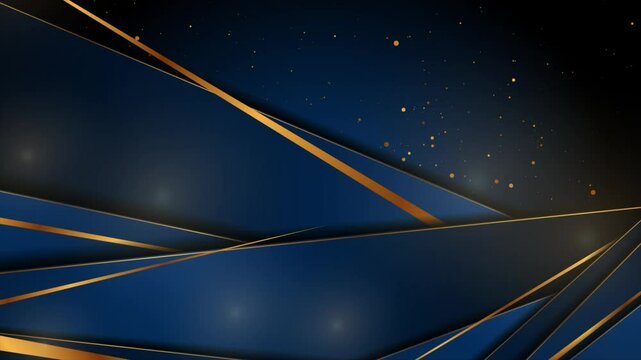 Dark blue striped abstract corporate background with golden particles. Seamless looping geometric retro motion design. Video animation Ultra HD 4K 3840x2160