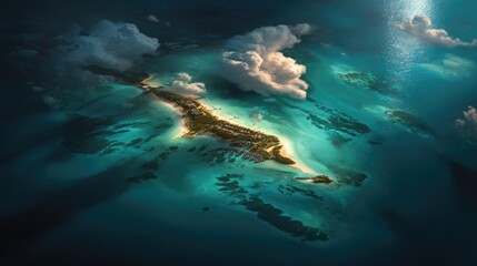Fototapeta premium Aerial View of Tropical Island Paradise with Turquoise Waters and Fluffy Clouds