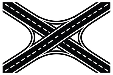 Fototapeta premium Roads converging, aerial view, highway intersection, fork in the road, multiple lanes, white road markings, asphalt texture, geometric patterns, minimalist design, black and white, high contrast