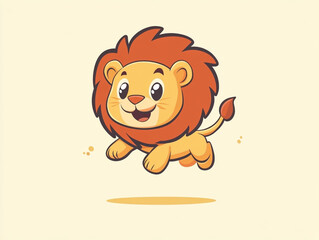 Obraz premium A cute cartoon lion is jumping with a simple drawing style and flat design illustration. The background is light yellow, and the lion has an adorable face with large eyes, giving it a friendly appeara