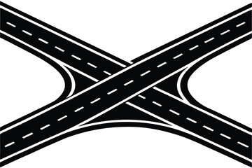 Fototapeta premium Roads converging, aerial view, highway intersection, fork in the road, multiple lanes, white road markings, asphalt texture, geometric patterns, minimalist design, black and white, high contrast