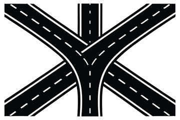  Roads converging, aerial view, highway intersection, fork in the road, multiple lanes, white road markings, asphalt texture, geometric patterns, minimalist design, black and white, high contrast