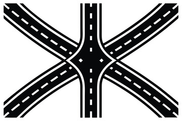  Roads converging, aerial view, highway intersection, fork in the road, multiple lanes, white road markings, asphalt texture, geometric patterns, minimalist design, black and white, high contrast