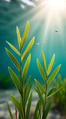 Fototapeta premium Underwater scene with silhouette of seagrass and darting small fish