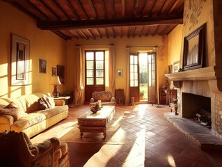 Fototapeta premium A living room with a fireplace and a couch. There are two chairs and a coffee table. A vase is on the table