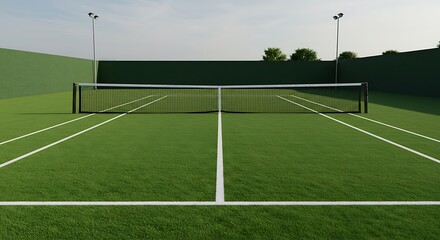 Fototapeta premium A tennis court with the net perfectly placed in the center, surrounded by clean, vibrant court lines