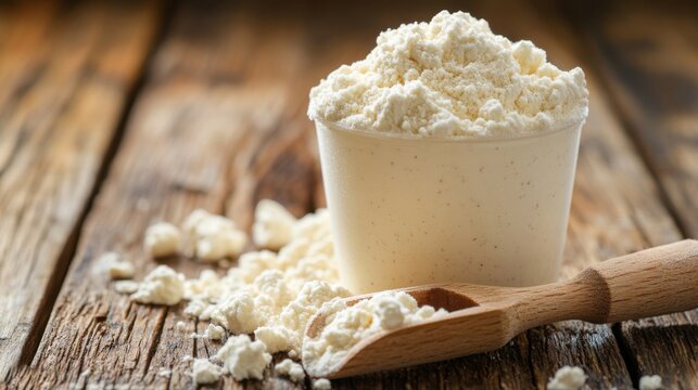 Heap of Vanilla Protein Powder with Wooden Spoon
