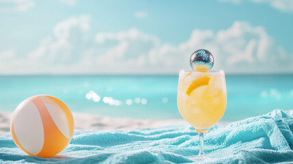 Obraz premium Pastel Yellow Tropical Drink with Disco Ball.Whimsical Beach Party Flat Lay, Blue Towel & Floating Beach Ball,.Copy Space, flat lay,Vip pack Mockup Ready.Summer Advertising, Viral Social Media Content