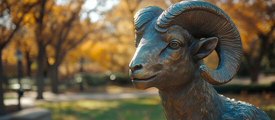 Bronze ram statue in autumn park.