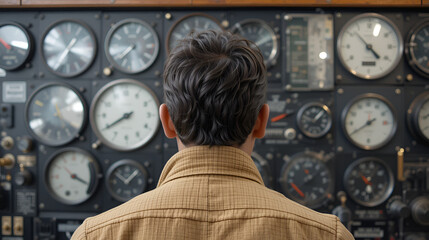 Back view of a man in front of a wall of dials and gauges