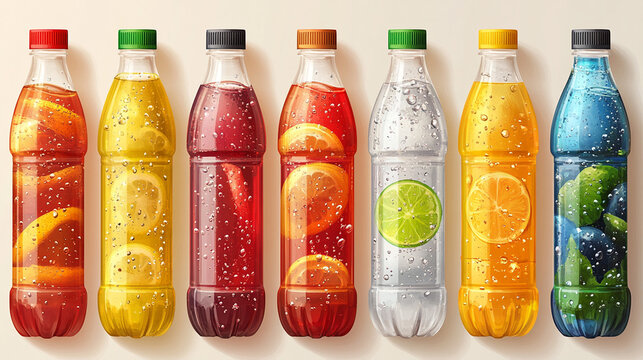 Colorful plastic bottles filled with fruit juices and sparkling beverages.