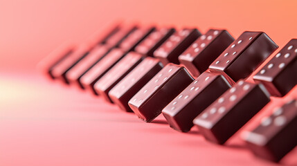 Cioccolatini (Italian Artisanal Chocolates) – Domino Cascade with Glossy Reflections. Elegant Confectionery Art, Pastel Coral Background, Negative Space. Sweet Physics in Motion.