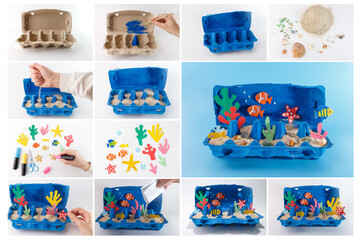 Step-by-step process of making an ocean-themed diorama from a recycled egg carton. A hand adds sand...