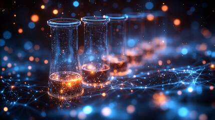 Abstract futuristic laboratory glassware with glowing liquid and network connection.