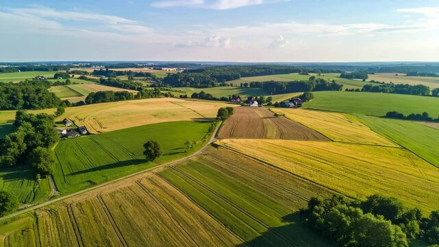 Aerial View of Lush Patchwork Farmland in the Rolling Countryside