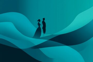 Obraz premium A couple silhouette in a sea of aquamarine waves, a scene evoking contemplation. The figures stand side by side in a vast, serene landscape
