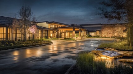 Fototapeta premium Luxury Hotel Entrance at Night, Illuminated Architecture, Tranquil Water Feature