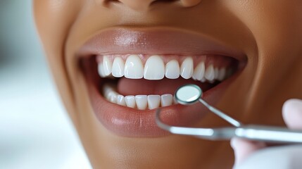 Fototapeta premium Dental Health CheckUp CloseUp of Teeth with Dentists Mirror Highlighting Oral Hygiene and P
