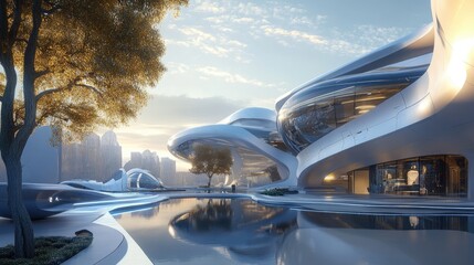 Obraz premium Futuristic Architecture: Cityscape with Modern Building and Reflecting Pool