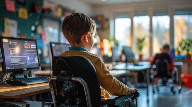 Boy in wheelchair using computer in classroom