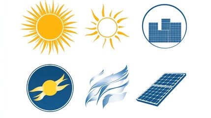 Obraz premium Solar energy icons; sun, wind, panels; clean energy; website design