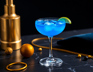Blue Curacao cocktail with an electric blue glow in a designer glass, perfect for luxury drink presentations and branding