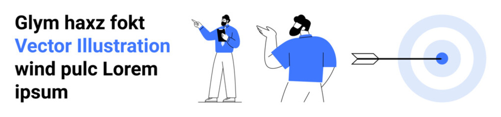 Two individuals in conversation, one pointing at a target with an arrow hitting the bullseye. Ideal for teamwork, strategy, focus, achievement, planning, goal setting, simple landing page