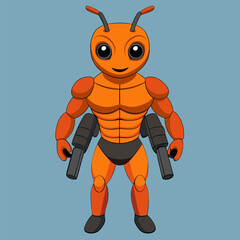 Super Ant: A muscular ant with a toothy grin and guns in hand, an anthropomorphic and comical illustration of a powerful insect. This illustration could be used for a children's book.