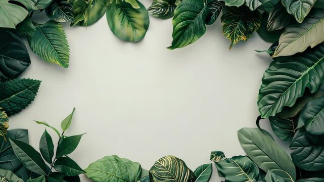 Green Leaves Border on Off-White: A verdant array of assorted green leaves gracefully encircles an off-white canvas, creating a natural and fresh border for versatile uses. 