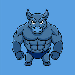 Buff Blue Bull: A strong illustration of a buff bull standing confidently in a cartoonish pose, embodying strength and resilience with its muscular physique.