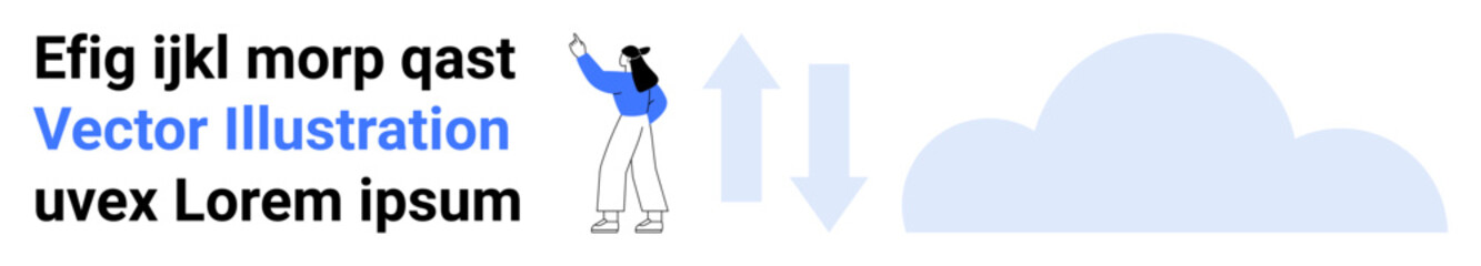 Person pointing at arrows indicating data flow, cloud icon. Ideal for cloud storage, data transfer, technology, networking, connectivity, information sharing, simple landing page