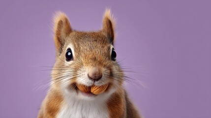 Fototapeta premium Close-up Portrait of an Adorable Squirrel Holding Nuts Against Purple Background