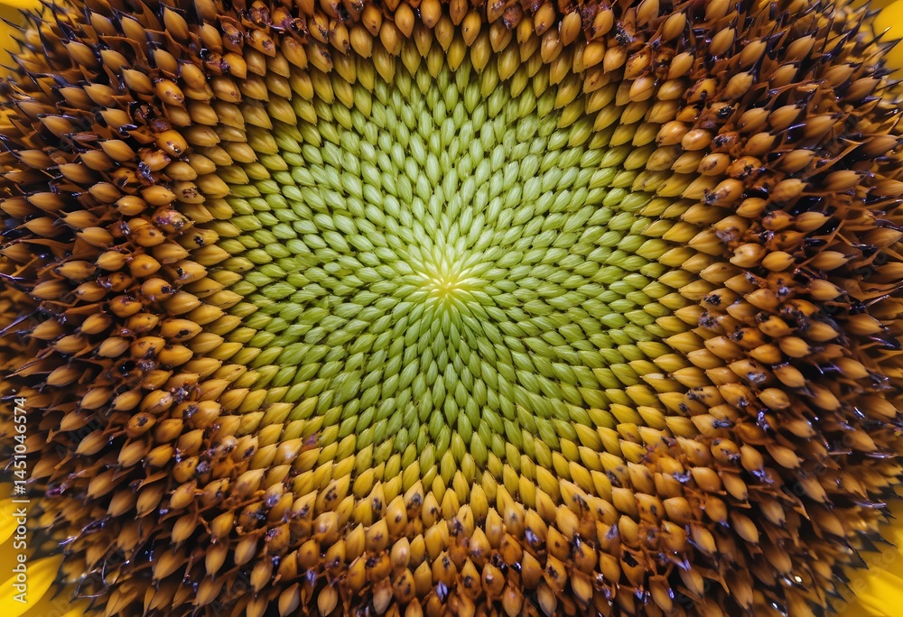 Poster sunflower heart, a detailed macro view. seeds abound. nature's pattern unveiled. close-up captures t
