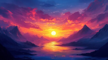 Vibrant Sunset Landscape Mountains Lake Digital Art Painting Scenic Nature Illustration Colorful Sky Artistic Fiery Clouds Peaceful Serene Tranquil View Amazing Beautiful          