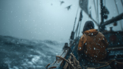 Close-Up of Fisherman Battling Storm at Sea