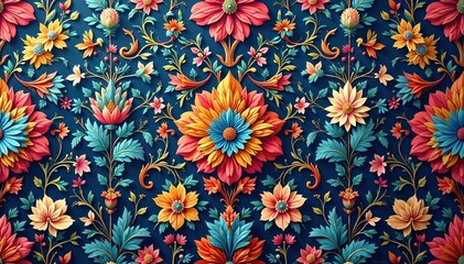 Intricate floral damask wallpaper, repeating design, pattern, surface, decor