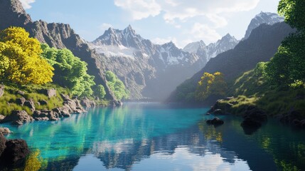 Fototapeta premium Serene Mountain Lake Reflection: A Breathtaking Panorama