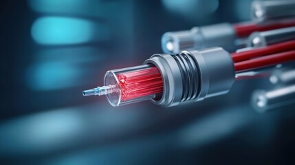 High-Tech Fiber Optic Cable Close-Up with Glowing Red Core Detail